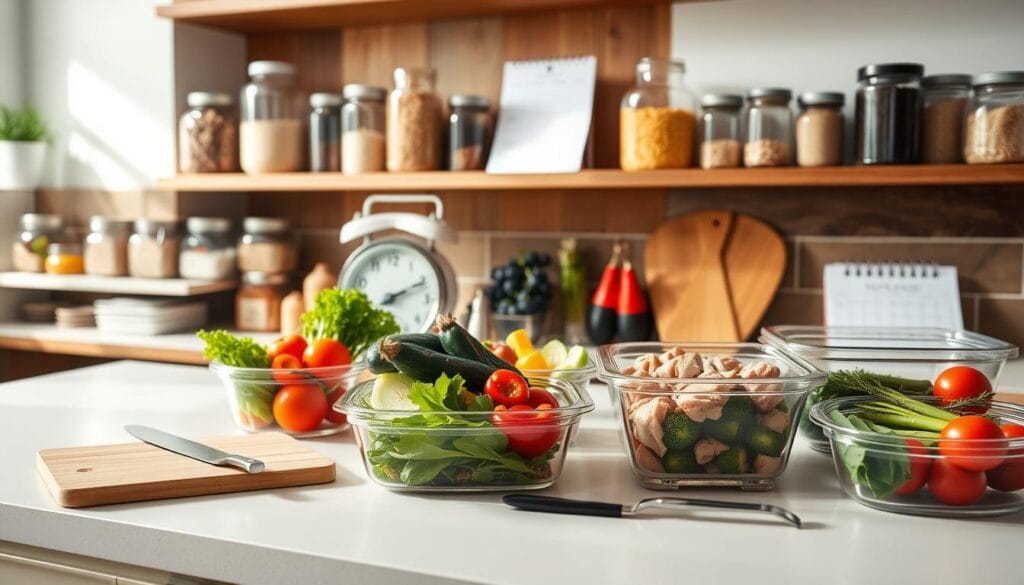A clean, minimalist kitchen countertop with various meal prep essentials neatly arranged. In the foreground, there are glass meal prep containers, a cutting board, a chef's knife, and a selection of fresh vegetables and proteins. In the middle ground, a vintage-style scale, a notebook, and a calendar to plan meals. The background features a wall of wooden shelves stocked with jars of grains, spices, and other pantry staples. The lighting is bright and natural, creating a warm, inviting atmosphere that encourages healthy, organized meal prep. The overall composition conveys a sense of efficiency, simplicity, and the satisfaction of a well-prepared high-protein meal. A clean, minimalist kitchen countertop with various meal prep essentials neatly arranged. In the foreground, there are glass meal prep containers, a cutting board, a chef's knife, and a selection of fresh vegetables and proteins. In the middle ground, a vintage-style scale, a notebook, and a calendar to plan meals. The background features a wall of wooden shelves stocked with jars of grains, spices, and other pantry staples. The lighting is bright and natural, creating a warm, inviting atmosphere that encourages healthy, organized meal prep. The overall composition conveys a sense of efficiency, simplicity, and the satisfaction of a well-prepared high-protein meal.