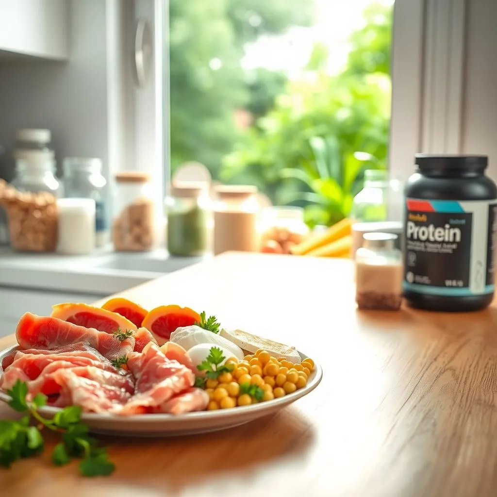 A clean, well-lit kitchen counter showcasing a balanced plate of protein-rich foods on a wooden surface. In the foreground, a selection of lean meats, fish, legumes, and eggs, neatly arranged and garnished with fresh herbs. The middle ground features glass jars filled with various protein powders and supplements, while the background subtly depicts a window overlooking a serene garden, bathed in soft, natural lighting. The overall atmosphere conveys a sense of wellness, health, and the science-backed principles of a protein-focused weight loss diet. A clean, well-lit kitchen counter showcasing a balanced plate of protein-rich foods on a wooden surface. In the foreground, a selection of lean meats, fish, legumes, and eggs, neatly arranged and garnished with fresh herbs. The middle ground features glass jars filled with various protein powders and supplements, while the background subtly depicts a window overlooking a serene garden, bathed in soft, natural lighting. The overall atmosphere conveys a sense of wellness, health, and the science-backed principles of a protein-focused weight loss diet.