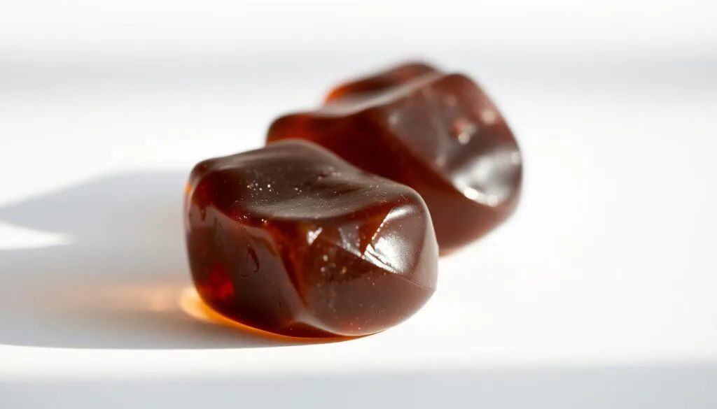 A close-up shot of three shilajit gummy supplements in a row on a white background, illuminated by soft, natural lighting. The gummies have a rich, dark brown color and a translucent, jelly-like texture. They are arranged neatly, showcasing their size, shape, and overall quality. The image conveys a sense of purity, potency, and scientific precision, reflecting the careful dosage and safety considerations for this ancient Ayurvedic remedy. The focus is sharp, and the depth of field is shallow, drawing the viewer's attention to the gummies themselves.