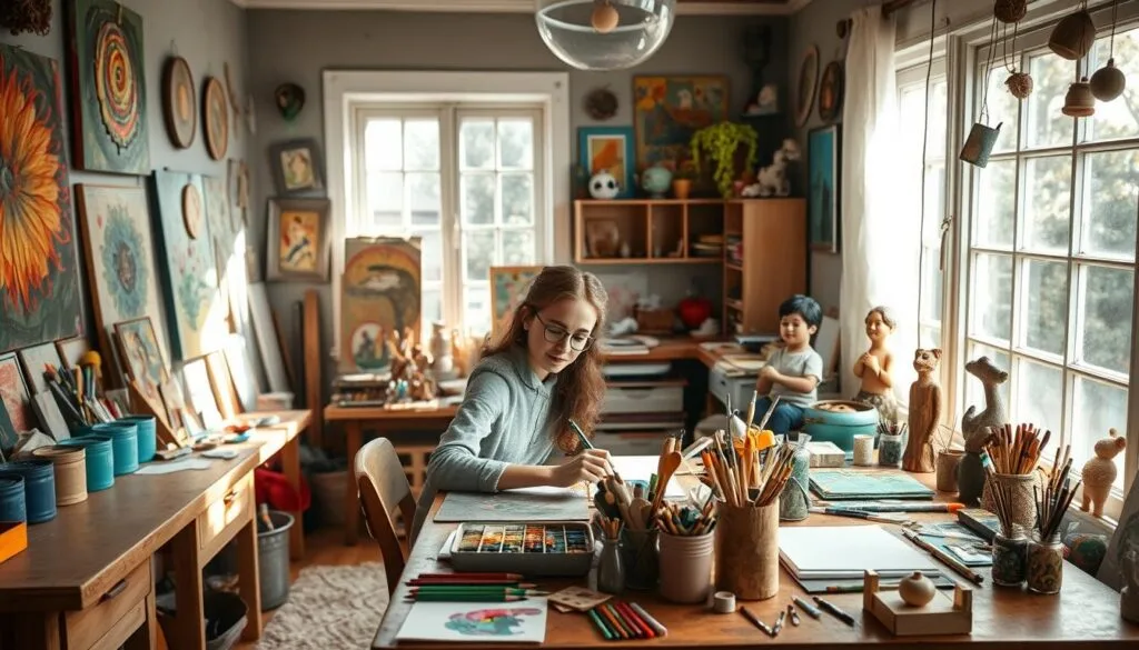 A cozy, well-lit art studio with natural sunlight streaming through large windows. An artist sits at a wooden table, surrounded by an array of creative tools and materials - paints, brushes, colored pencils, sketchpads, and an array of small trinkets and objects that serve as inspiration. The walls are adorned with vibrant paintings and whimsical sculptures, hinting at the boundless creativity that fills the space. The artist is deeply engaged in a hands-on project, their face alight with a sense of peaceful focus and joy. The overall atmosphere conveys a calming, restorative sense of self-care through artistic expression. A cozy, well-lit art studio with natural sunlight streaming through large windows. An artist sits at a wooden table, surrounded by an array of creative tools and materials - paints, brushes, colored pencils, sketchpads, and an array of small trinkets and objects that serve as inspiration. The walls are adorned with vibrant paintings and whimsical sculptures, hinting at the boundless creativity that fills the space. The artist is deeply engaged in a hands-on project, their face alight with a sense of peaceful focus and joy. The overall atmosphere conveys a calming, restorative sense of self-care through artistic expression.