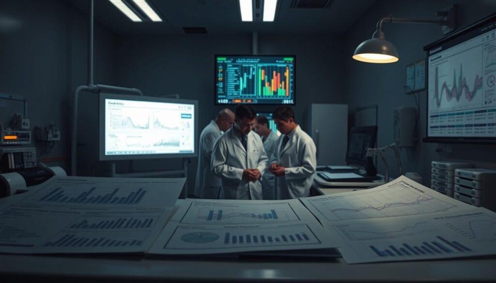 A dimly lit clinical laboratory setting, with clean, sterile surfaces and state-of-the-art medical equipment. In the foreground, an organized array of medical charts, graphs, and data printouts, conveying the results of a rigorous clinical trial. The middle ground features a team of white-coated researchers poring over the data, their expressions intense and focused. In the background, a large display screen shows a detailed visual representation of the study's findings, color-coded and easy to interpret. Soft, directional lighting casts an aura of professionalism and scientific credibility over the entire scene, emphasizing the gravity and importance of the clinical evidence being presented. A dimly lit clinical laboratory setting, with clean, sterile surfaces and state-of-the-art medical equipment. In the foreground, an organized array of medical charts, graphs, and data printouts, conveying the results of a rigorous clinical trial. The middle ground features a team of white-coated researchers poring over the data, their expressions intense and focused. In the background, a large display screen shows a detailed visual representation of the study's findings, color-coded and easy to interpret. Soft, directional lighting casts an aura of professionalism and scientific credibility over the entire scene, emphasizing the gravity and importance of the clinical evidence being presented.