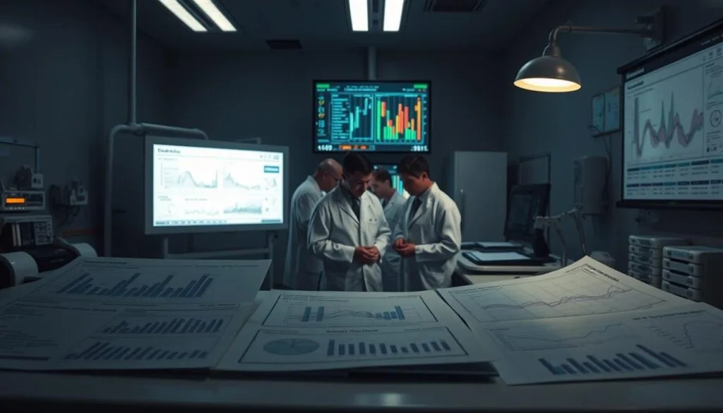 A dimly lit clinical laboratory setting, with clean, sterile surfaces and state-of-the-art medical equipment. In the foreground, an organized array of medical charts, graphs, and data printouts, conveying the results of a rigorous clinical trial. The middle ground features a team of white-coated researchers poring over the data, their expressions intense and focused. In the background, a large display screen shows a detailed visual representation of the study's findings, color-coded and easy to interpret. Soft, directional lighting casts an aura of professionalism and scientific credibility over the entire scene, emphasizing the gravity and importance of the clinical evidence being presented. A dimly lit clinical laboratory setting, with clean, sterile surfaces and state-of-the-art medical equipment. In the foreground, an organized array of medical charts, graphs, and data printouts, conveying the results of a rigorous clinical trial. The middle ground features a team of white-coated researchers poring over the data, their expressions intense and focused. In the background, a large display screen shows a detailed visual representation of the study's findings, color-coded and easy to interpret. Soft, directional lighting casts an aura of professionalism and scientific credibility over the entire scene, emphasizing the gravity and importance of the clinical evidence being presented.