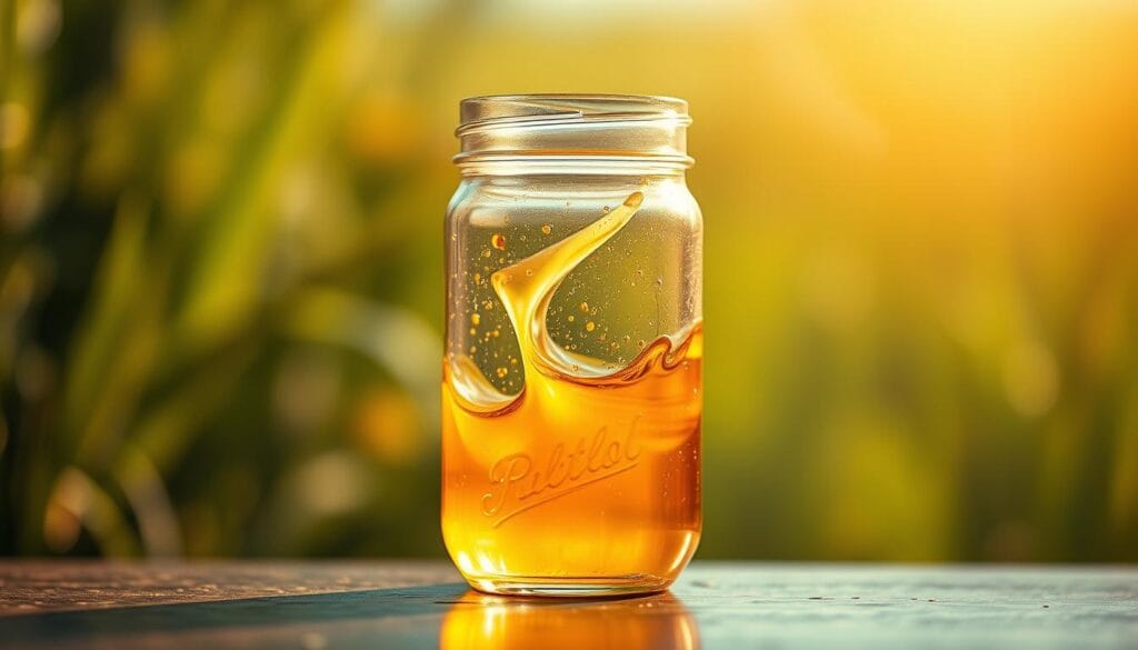 A glass jar filled with a vibrant, luminous liquid teeming with beneficial probiotics. The golden-hued liquid appears to gently flow and swirl, radiating a sense of vitality and health. The jar is set against a softly blurred, natural background, perhaps a lush, verdant garden or field, conveying a sense of purity and wellness. Warm, diffused lighting bathes the scene, creating a soothing, inviting atmosphere. The overall composition is balanced and visually striking, drawing the viewer's attention to the probiotic-rich elixir at the heart of the image. A glass jar filled with a vibrant, luminous liquid teeming with beneficial probiotics. The golden-hued liquid appears to gently flow and swirl, radiating a sense of vitality and health. The jar is set against a softly blurred, natural background, perhaps a lush, verdant garden or field, conveying a sense of purity and wellness. Warm, diffused lighting bathes the scene, creating a soothing, inviting atmosphere. The overall composition is balanced and visually striking, drawing the viewer's attention to the probiotic-rich elixir at the heart of the image.