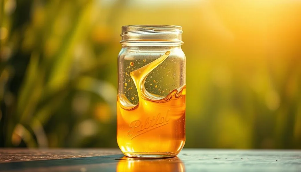 A glass jar filled with a vibrant, luminous liquid teeming with beneficial probiotics. The golden-hued liquid appears to gently flow and swirl, radiating a sense of vitality and health. The jar is set against a softly blurred, natural background, perhaps a lush, verdant garden or field, conveying a sense of purity and wellness. Warm, diffused lighting bathes the scene, creating a soothing, inviting atmosphere. The overall composition is balanced and visually striking, drawing the viewer's attention to the probiotic-rich elixir at the heart of the image. A glass jar filled with a vibrant, luminous liquid teeming with beneficial probiotics. The golden-hued liquid appears to gently flow and swirl, radiating a sense of vitality and health. The jar is set against a softly blurred, natural background, perhaps a lush, verdant garden or field, conveying a sense of purity and wellness. Warm, diffused lighting bathes the scene, creating a soothing, inviting atmosphere. The overall composition is balanced and visually striking, drawing the viewer's attention to the probiotic-rich elixir at the heart of the image.