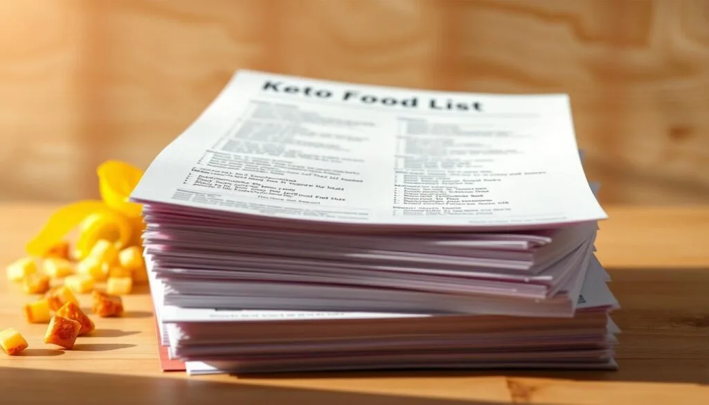 A high-quality, professionally-designed printable keto food list pdf, with a clean and organized layout. The foreground features a stack of neatly arranged pages with a matte, textured finish, showcasing the keto-friendly food items in a clear and easy-to-read format. The middle ground has a soft, blurred background of natural, earthy tones, such as wooden textures or subtle patterns, creating a calming and focused atmosphere. Warm, natural lighting casts soft shadows, highlighting the refined details of the document. The overall composition conveys a sense of utility, health, and a commitment to the keto lifestyle. A high-quality, professionally-designed printable keto food list pdf, with a clean and organized layout. The foreground features a stack of neatly arranged pages with a matte, textured finish, showcasing the keto-friendly food items in a clear and easy-to-read format. The middle ground has a soft, blurred background of natural, earthy tones, such as wooden textures or subtle patterns, creating a calming and focused atmosphere. Warm, natural lighting casts soft shadows, highlighting the refined details of the document. The overall composition conveys a sense of utility, health, and a commitment to the keto lifestyle.
