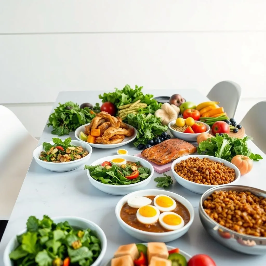 A mouthwatering arrangement of healthy meals on a sleek, modern table. In the foreground, a diverse selection of protein-rich dishes - grilled chicken, roasted salmon, hard-boiled eggs, and hearty lentil stew. Surrounding them, an assortment of fresh greens, crisp vegetables, and vibrant fruits. The lighting is soft and even, highlighting the natural colors and textures of the ingredients. In the background, a minimalist, monochromatic setting with clean lines and a serene atmosphere, conveying a sense of balance and well-being. The overall composition is both visually appealing and practical, perfectly capturing the essence of a comprehensive 7-day protein weight loss meal plan. A mouthwatering arrangement of healthy meals on a sleek, modern table. In the foreground, a diverse selection of protein-rich dishes - grilled chicken, roasted salmon, hard-boiled eggs, and hearty lentil stew. Surrounding them, an assortment of fresh greens, crisp vegetables, and vibrant fruits. The lighting is soft and even, highlighting the natural colors and textures of the ingredients. In the background, a minimalist, monochromatic setting with clean lines and a serene atmosphere, conveying a sense of balance and well-being. The overall composition is both visually appealing and practical, perfectly capturing the essence of a comprehensive 7-day protein weight loss meal plan.