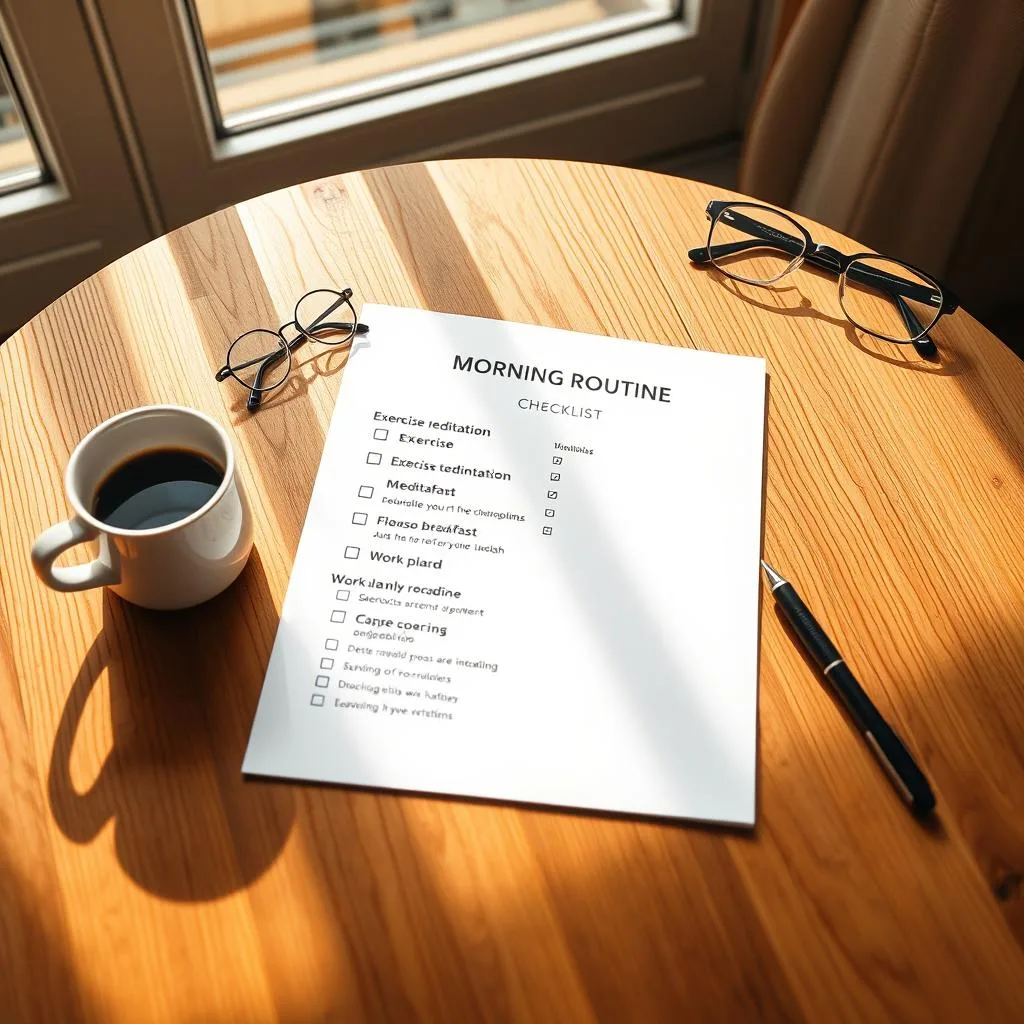 A neatly organized morning routine checklist on a wooden table, illuminated by warm natural light streaming through a window. The list features a clean, minimalist design with carefully curated icons and task descriptions, covering essential elements like exercise, meditation, breakfast, and work planning. The checklist is accompanied by a mug of freshly brewed coffee, a pair of reading glasses, and a pen, creating a cozy and productive atmosphere. The overall composition conveys a sense of order, focus, and a well-designed approach to starting the day with intention. A neatly organized morning routine checklist on a wooden table, illuminated by warm natural light streaming through a window. The list features a clean, minimalist design with carefully curated icons and task descriptions, covering essential elements like exercise, meditation, breakfast, and work planning. The checklist is accompanied by a mug of freshly brewed coffee, a pair of reading glasses, and a pen, creating a cozy and productive atmosphere. The overall composition conveys a sense of order, focus, and a well-designed approach to starting the day with intention.