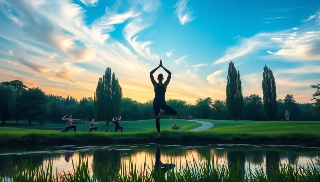A peaceful outdoor scene with a person practicing yoga or light exercises in a lush, green park. The figure is centered, silhouetted against a vibrant sky with wispy clouds. In the foreground, a tranquil pond reflects the serene atmosphere. The middle ground features tall, swaying trees and a winding path, suggesting a calming, restorative environment. Warm, diffused lighting creates a soothing, contemplative mood, inviting the viewer to find balance and manage stress through mindful physical activity. A peaceful outdoor scene with a person practicing yoga or light exercises in a lush, green park. The figure is centered, silhouetted against a vibrant sky with wispy clouds. In the foreground, a tranquil pond reflects the serene atmosphere. The middle ground features tall, swaying trees and a winding path, suggesting a calming, restorative environment. Warm, diffused lighting creates a soothing, contemplative mood, inviting the viewer to find balance and manage stress through mindful physical activity.