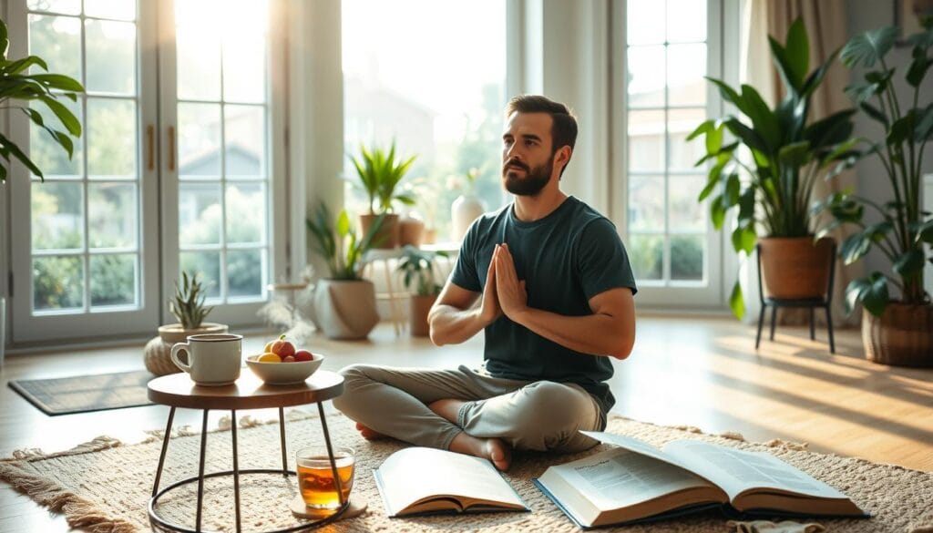 A serene and inviting home setting, bathed in warm, natural light filtering through large windows. In the foreground, a person sits cross-legged on a plush rug, practicing gentle yoga poses, their face radiating a sense of calm and focus. In the middle ground, a small table holds a steaming mug of herbal tea, a bowl of fresh fruit, and a open book on wellness. The background features lush, vibrant houseplants and a tranquil view of a garden outside, creating an atmosphere of nourishment and self-care. A serene and inviting home setting, bathed in warm, natural light filtering through large windows. In the foreground, a person sits cross-legged on a plush rug, practicing gentle yoga poses, their face radiating a sense of calm and focus. In the middle ground, a small table holds a steaming mug of herbal tea, a bowl of fresh fruit, and a open book on wellness. The background features lush, vibrant houseplants and a tranquil view of a garden outside, creating an atmosphere of nourishment and self-care.