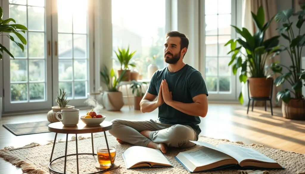 A serene and inviting home setting, bathed in warm, natural light filtering through large windows. In the foreground, a person sits cross-legged on a plush rug, practicing gentle yoga poses, their face radiating a sense of calm and focus. In the middle ground, a small table holds a steaming mug of herbal tea, a bowl of fresh fruit, and a open book on wellness. The background features lush, vibrant houseplants and a tranquil view of a garden outside, creating an atmosphere of nourishment and self-care. A serene and inviting home setting, bathed in warm, natural light filtering through large windows. In the foreground, a person sits cross-legged on a plush rug, practicing gentle yoga poses, their face radiating a sense of calm and focus. In the middle ground, a small table holds a steaming mug of herbal tea, a bowl of fresh fruit, and a open book on wellness. The background features lush, vibrant houseplants and a tranquil view of a garden outside, creating an atmosphere of nourishment and self-care.