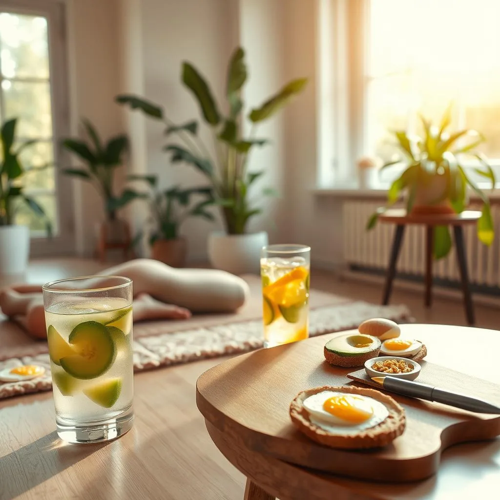 A serene morning scene, bathed in warm natural light filtering through large windows. In the foreground, a person doing gentle yoga stretches on a plush, earth-toned mat. Nearby, a glass of fresh fruit-infused water and a plate of healthy breakfast items - sliced avocado, whole grain toast, and a hard-boiled egg. On a wooden side table, a journal and a pen, symbolizing mindful reflection. In the background, lush potted plants and minimalist decor create a soothing, spa-like atmosphere. The overall mood is calm, focused, and rejuvenating, embodying the essence of a balanced, healthy morning routine. Morning Routines Guide