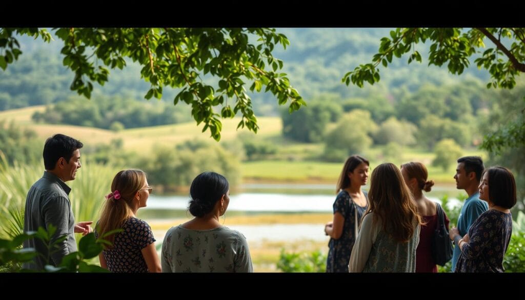 A serene outdoor setting with lush greenery and natural elements symbolizing social connection and spiritual wellness. In the foreground, a group of diverse individuals engage in thoughtful conversation, their body language conveying a sense of warmth and community. The middle ground features a tranquil body of water, reflecting the sky and surrounding foliage, creating a calming atmosphere. In the background, rolling hills or a forest landscape provide a natural, grounding backdrop. The scene is bathed in soft, natural lighting, creating a cozy, inviting ambiance. The overall composition emphasizes the harmony between human connection and the restorative power of nature. A serene outdoor setting with lush greenery and natural elements symbolizing social connection and spiritual wellness. In the foreground, a group of diverse individuals engage in thoughtful conversation, their body language conveying a sense of warmth and community. The middle ground features a tranquil body of water, reflecting the sky and surrounding foliage, creating a calming atmosphere. In the background, rolling hills or a forest landscape provide a natural, grounding backdrop. The scene is bathed in soft, natural lighting, creating a cozy, inviting ambiance. The overall composition emphasizes the harmony between human connection and the restorative power of nature.
