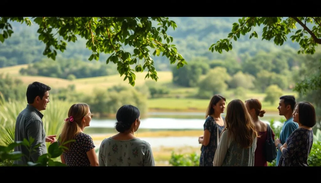 A serene outdoor setting with lush greenery and natural elements symbolizing social connection and spiritual wellness. In the foreground, a group of diverse individuals engage in thoughtful conversation, their body language conveying a sense of warmth and community. The middle ground features a tranquil body of water, reflecting the sky and surrounding foliage, creating a calming atmosphere. In the background, rolling hills or a forest landscape provide a natural, grounding backdrop. The scene is bathed in soft, natural lighting, creating a cozy, inviting ambiance. The overall composition emphasizes the harmony between human connection and the restorative power of nature. A serene outdoor setting with lush greenery and natural elements symbolizing social connection and spiritual wellness. In the foreground, a group of diverse individuals engage in thoughtful conversation, their body language conveying a sense of warmth and community. The middle ground features a tranquil body of water, reflecting the sky and surrounding foliage, creating a calming atmosphere. In the background, rolling hills or a forest landscape provide a natural, grounding backdrop. The scene is bathed in soft, natural lighting, creating a cozy, inviting ambiance. The overall composition emphasizes the harmony between human connection and the restorative power of nature.
