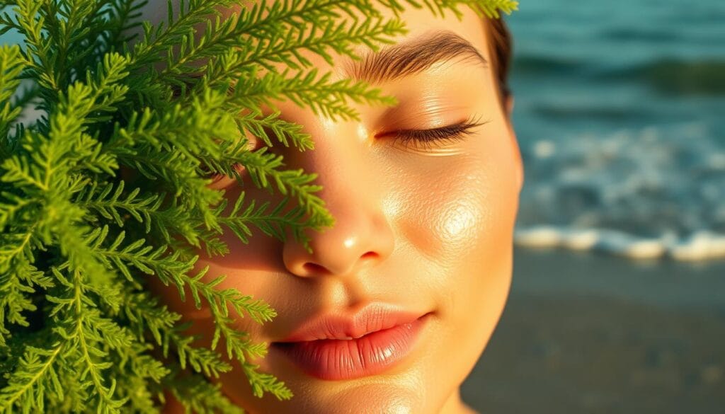 A serene, vibrant close-up scene showcasing the radiant, healthy skin benefits of sea moss. In the foreground, a smooth, glowing complexion with a dewy, luminous texture. In the middle ground, luxurious sea moss fronds in shades of emerald green, their intricate patterns and moisture-rich tendrils reflecting the skin's rejuvenation. The background features a soft, ethereal seascape with gentle waves lapping the shore, creating a calming, tranquil atmosphere. Warm, natural lighting bathes the scene, highlighting the symbiotic relationship between the sea moss and the skin's improved condition. The overall composition conveys a sense of nourishment, vitality and a holistic approach to skin health.