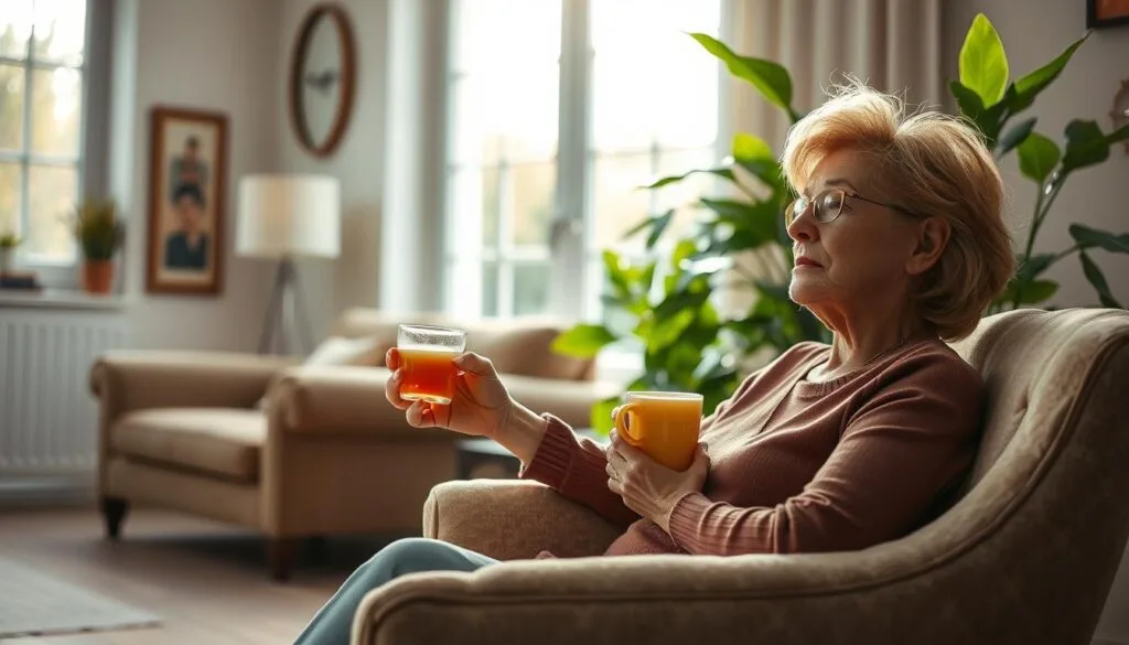 A serene, well-lit scene depicting a woman in her 50s experiencing relief from menopausal symptoms. In the foreground, she sits comfortably on a plush armchair, a tranquil expression on her face as she sips a warm herbal tea. The middle ground showcases a tasteful living space with soft, natural lighting filtering through large windows, creating a calming atmosphere. In the background, lush greenery from a flourishing indoor plant can be seen, symbolizing the rejuvenation and vitality she is experiencing. The overall mood is one of contentment, ease, and a renewed sense of well-being.