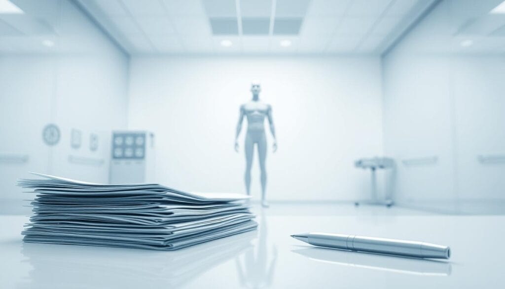 A sterile, clinical laboratory setting with bright, even lighting and a clean, minimal aesthetic. In the foreground, a stack of medical documents and a pen, representing the safety considerations and regulatory requirements for hormone therapy. In the middle ground, a 3D model of a human figure, minimally stylized, depicting the physiological aspects of hormone replacement. The background features a subtle grid pattern or medical iconography, conveying the scientific and medical nature of the subject matter. The overall mood is one of professionalism, objectivity, and attention to detail, reflecting the importance of safety and regulatory compliance in hormone therapy. A sterile, clinical laboratory setting with bright, even lighting and a clean, minimal aesthetic. In the foreground, a stack of medical documents and a pen, representing the safety considerations and regulatory requirements for hormone therapy. In the middle ground, a 3D model of a human figure, minimally stylized, depicting the physiological aspects of hormone replacement. The background features a subtle grid pattern or medical iconography, conveying the scientific and medical nature of the subject matter. The overall mood is one of professionalism, objectivity, and attention to detail, reflecting the importance of safety and regulatory compliance in hormone therapy.