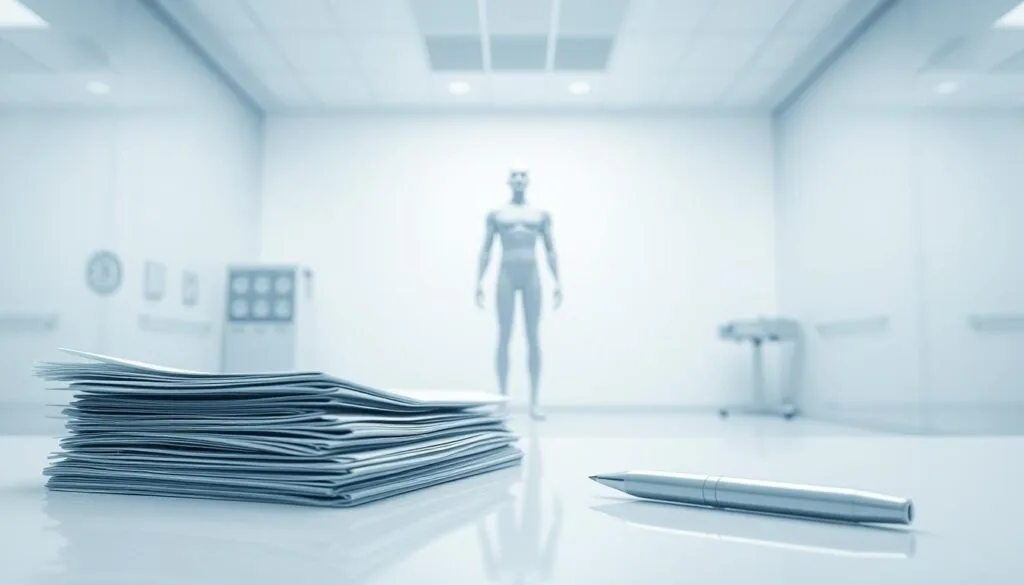 A sterile, clinical laboratory setting with bright, even lighting and a clean, minimal aesthetic. In the foreground, a stack of medical documents and a pen, representing the safety considerations and regulatory requirements for hormone therapy. In the middle ground, a 3D model of a human figure, minimally stylized, depicting the physiological aspects of hormone replacement. The background features a subtle grid pattern or medical iconography, conveying the scientific and medical nature of the subject matter. The overall mood is one of professionalism, objectivity, and attention to detail, reflecting the importance of safety and regulatory compliance in hormone therapy.