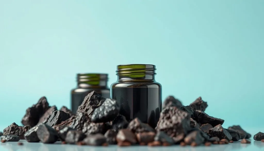 A vibrant, high-resolution closeup image of an assortment of energy-boosting shilajit supplements against a clean, minimalist background. The shilajit supplements are displayed at an eye-level angle, showcasing their rich, dark color and rugged, natural texture. Soft, directional lighting illuminates the supplements, highlighting their inherent vitality and potency. The image conveys a sense of scientific credibility and natural wellness, inviting the viewer to explore the energy-enhancing benefits of this ancient superfood. The overall composition emphasizes the supplements' visual appeal and potency, aligning with the "Energy Benefits and Scientific Backing" section of the article.