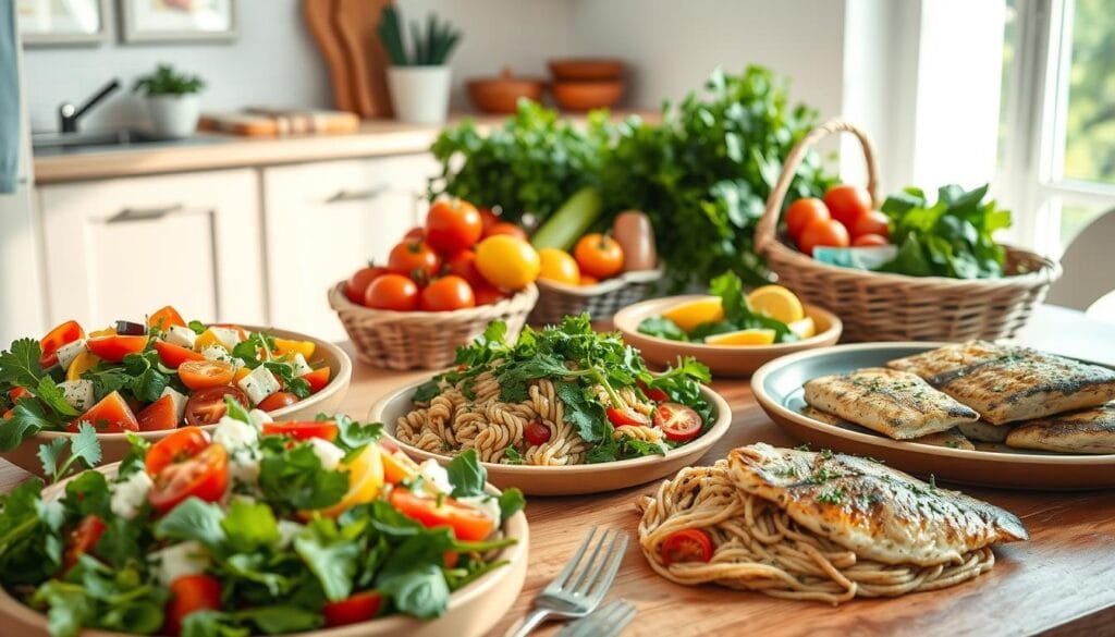 A vibrant kitchen scene showcasing a variety of quick, nutritious Mediterranean-inspired dishes. In the foreground, a wooden table is adorned with an assortment of freshly prepared meals - a Greek salad brimming with colorful vegetables, a hearty whole-grain pasta tossed with sautéed vegetables and olive oil, and a platter of grilled fish seasoned with lemon and herbs. In the middle ground, an abundance of fresh produce - ripe tomatoes, crisp greens, fragrant herbs - are arranged in woven baskets, highlighting the simple, wholesome ingredients. The background features a minimalist, sun-drenched kitchen with natural light filtering through the windows, creating a warm, inviting atmosphere. The overall scene conveys the ease and deliciousness of preparing quick, healthy Mediterranean meals for everyday enjoyment. A vibrant kitchen scene showcasing a variety of quick, nutritious Mediterranean-inspired dishes. In the foreground, a wooden table is adorned with an assortment of freshly prepared meals - a Greek salad brimming with colorful vegetables, a hearty whole-grain pasta tossed with sautéed vegetables and olive oil, and a platter of grilled fish seasoned with lemon and herbs. In the middle ground, an abundance of fresh produce - ripe tomatoes, crisp greens, fragrant herbs - are arranged in woven baskets, highlighting the simple, wholesome ingredients. The background features a minimalist, sun-drenched kitchen with natural light filtering through the windows, creating a warm, inviting atmosphere. The overall scene conveys the ease and deliciousness of preparing quick, healthy Mediterranean meals for everyday enjoyment.