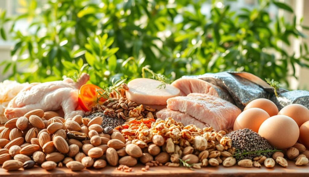 A vibrant still life showcasing a diverse array of natural protein sources, bathed in warm, natural lighting. In the foreground, a variety of nuts and seeds, such as almonds, walnuts, and chia, are arranged artfully. In the middle ground, lean cuts of poultry, fish, and eggs take center stage, highlighting their nutrient-rich qualities. The background is filled with lush, verdant foliage, creating a serene, earthy atmosphere. The overall composition conveys a sense of balance, health, and the bounty of nature's abundant protein offerings. A vibrant still life showcasing a diverse array of natural protein sources, bathed in warm, natural lighting. In the foreground, a variety of nuts and seeds, such as almonds, walnuts, and chia, are arranged artfully. In the middle ground, lean cuts of poultry, fish, and eggs take center stage, highlighting their nutrient-rich qualities. The background is filled with lush, verdant foliage, creating a serene, earthy atmosphere. The overall composition conveys a sense of balance, health, and the bounty of nature's abundant protein offerings.