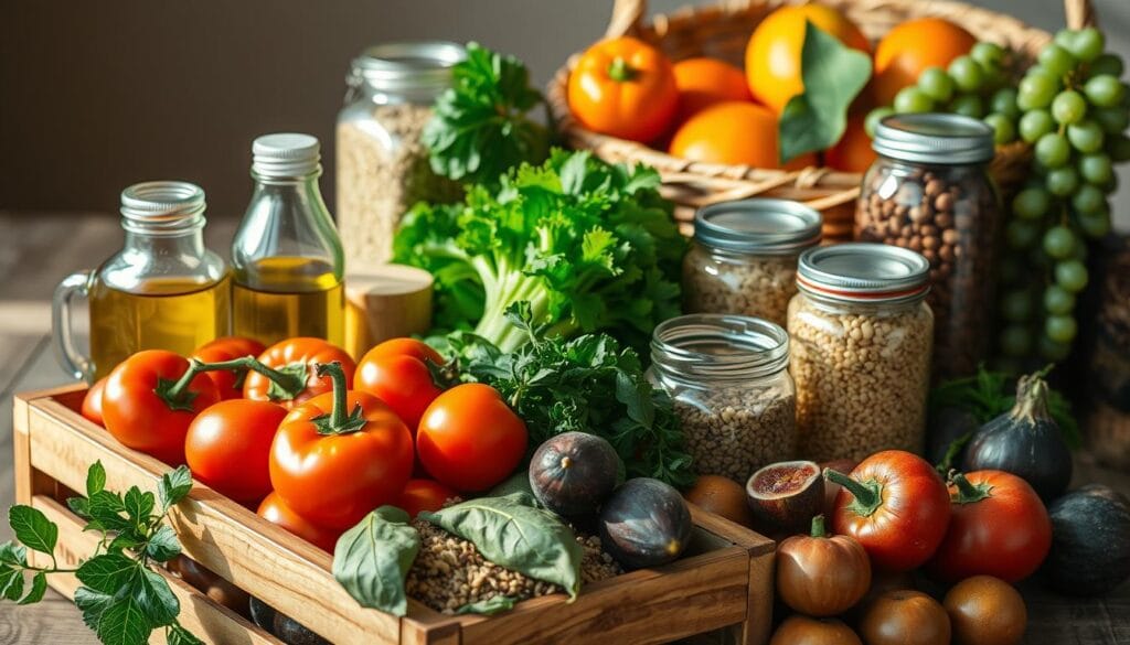 A well-lit still life composition showcasing a variety of affordable Mediterranean diet staples. In the foreground, a wooden crate holds a selection of fresh vegetables like tomatoes, peppers, and leafy greens. In the middle ground, glass jars contain olive oil, whole grains like quinoa and bulgur, and canned legumes. In the background, a woven basket overflows with fresh fruits like oranges, figs, and grapes. The lighting is warm and natural, casting gentle shadows that accentuate the textures and colors of the ingredients. The overall mood is one of healthy, nourishing simplicity. A well-lit still life composition showcasing a variety of affordable Mediterranean diet staples. In the foreground, a wooden crate holds a selection of fresh vegetables like tomatoes, peppers, and leafy greens. In the middle ground, glass jars contain olive oil, whole grains like quinoa and bulgur, and canned legumes. In the background, a woven basket overflows with fresh fruits like oranges, figs, and grapes. The lighting is warm and natural, casting gentle shadows that accentuate the textures and colors of the ingredients. The overall mood is one of healthy, nourishing simplicity.