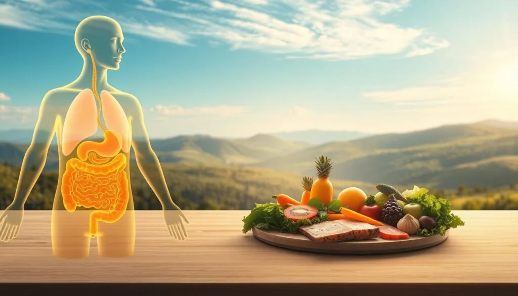 An elegantly designed illustration showcasing digestive health and weight management. In the foreground, a vibrant, transparent human digestive system glows with a soft, golden light, symbolizing optimal gut function. In the middle ground, a balanced, nutritious meal featuring whole foods like vegetables, fruits, and lean protein is presented on a minimalist, wooden table, hinting at the importance of a well-rounded diet. The background depicts a serene, natural landscape with rolling hills and a calm, blue sky, conveying a sense of balance and harmony. The scene is illuminated by a warm, directional light source, creating a soothing, inviting atmosphere. Crisp, photorealistic details and a slightly muted color palette lend an air of professionalism and authority to the image. An elegantly designed illustration showcasing digestive health and weight management. In the foreground, a vibrant, transparent human digestive system glows with a soft, golden light, symbolizing optimal gut function. In the middle ground, a balanced, nutritious meal featuring whole foods like vegetables, fruits, and lean protein is presented on a minimalist, wooden table, hinting at the importance of a well-rounded diet. The background depicts a serene, natural landscape with rolling hills and a calm, blue sky, conveying a sense of balance and harmony. The scene is illuminated by a warm, directional light source, creating a soothing, inviting atmosphere. Crisp, photorealistic details and a slightly muted color palette lend an air of professionalism and authority to the image.