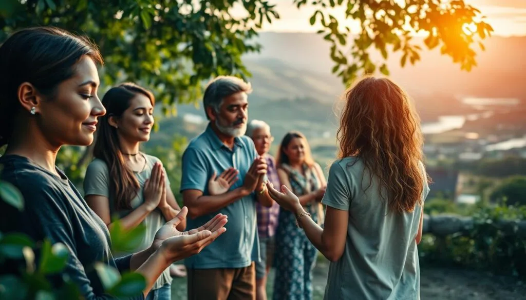 An intimate gathering of diverse individuals, their spirits intertwined in a harmonious dance of connection. A serene outdoor setting, bathed in soft natural light filtering through lush foliage. In the foreground, hands clasped, eyes closed, faces radiating tranquility as they engage in a shared meditative practice. In the middleground, people of different ages and backgrounds embrace, their bodies language expressing a deep sense of community. In the background, a scenic landscape - rolling hills, a distant river, and a vibrant sky tinged with warm hues, creating a peaceful, rejuvenating atmosphere. Convey a sense of togetherness, mindfulness, and the nourishing power of social and spiritual self-care. An intimate gathering of diverse individuals, their spirits intertwined in a harmonious dance of connection. A serene outdoor setting, bathed in soft natural light filtering through lush foliage. In the foreground, hands clasped, eyes closed, faces radiating tranquility as they engage in a shared meditative practice. In the middleground, people of different ages and backgrounds embrace, their bodies language expressing a deep sense of community. In the background, a scenic landscape - rolling hills, a distant river, and a vibrant sky tinged with warm hues, creating a peaceful, rejuvenating atmosphere. Convey a sense of togetherness, mindfulness, and the nourishing power of social and spiritual self-care.