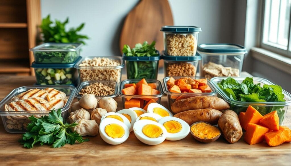High-quality image of an assortment of clean eats protein meal prep options arranged on a wooden table. In the foreground, various protein-rich foods are neatly organized, such as grilled chicken breasts, hard-boiled eggs, and roasted sweet potatoes. In the middle ground, there are containers filled with quinoa, mixed greens, and other nutrient-dense ingredients. The background features a simple, rustic setting with natural lighting filtering through a window, creating a warm, inviting atmosphere. The overall composition emphasizes the accessibility and versatility of clean eats protein meals, perfect for fueling an active lifestyle. High-quality image of an assortment of clean eats protein meal prep options arranged on a wooden table. In the foreground, various protein-rich foods are neatly organized, such as grilled chicken breasts, hard-boiled eggs, and roasted sweet potatoes. In the middle ground, there are containers filled with quinoa, mixed greens, and other nutrient-dense ingredients. The background features a simple, rustic setting with natural lighting filtering through a window, creating a warm, inviting atmosphere. The overall composition emphasizes the accessibility and versatility of clean eats protein meals, perfect for fueling an active lifestyle.