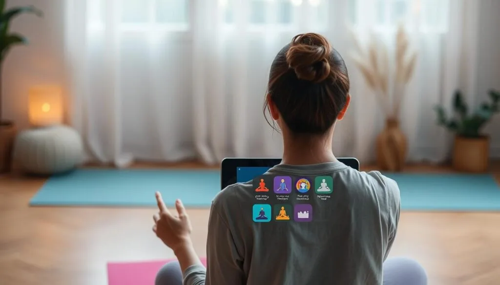 Image of a person practicing yoga on a tablet with various yoga apps displayed Image of a person practicing yoga on a tablet with various yoga apps displayed