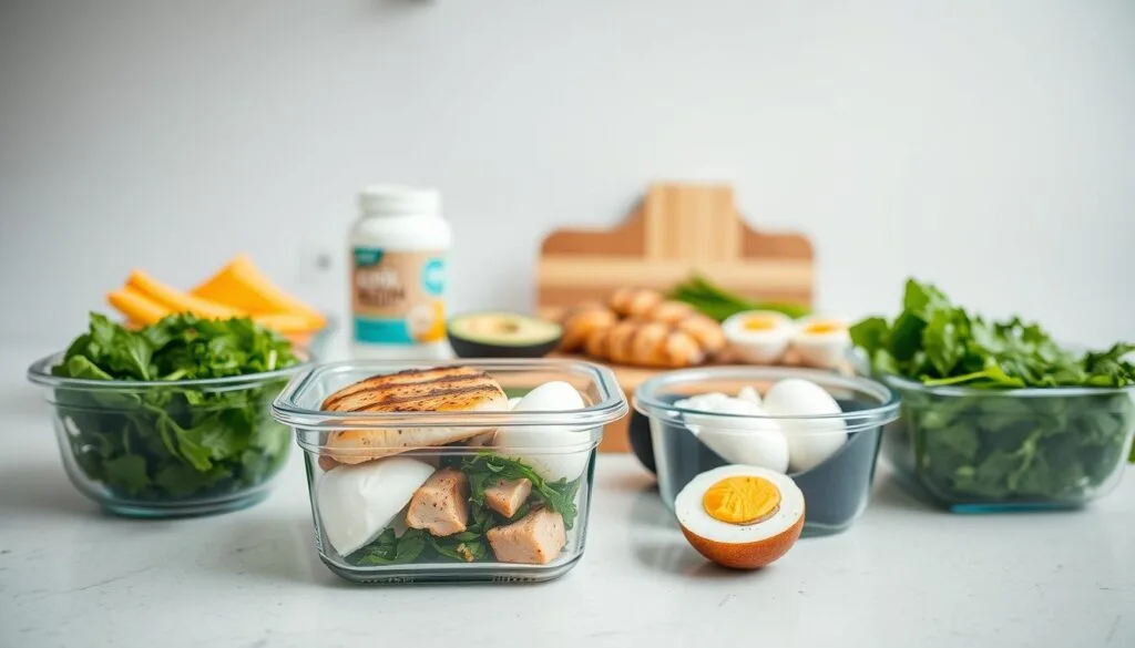 Meal prep strategies for protein intake: a clean, well-lit kitchen counter with various healthy meal components neatly arranged, including grilled chicken breasts, boiled eggs, Greek yogurt, and fresh greens. In the foreground, a glass meal prep container filled with a balanced, high-protein meal. The middle ground features a cutting board with sliced avocado and a scoop of protein powder. In the background, a minimalist, neutral-toned wall provides a clean, uncluttered backdrop. The overall atmosphere is organized, inspiring, and conducive to healthy eating habits. Captured with a wide-angle lens to showcase the entire meal prep setup in a visually appealing, aspirational manner. Meal prep strategies for protein intake: a clean, well-lit kitchen counter with various healthy meal components neatly arranged, including grilled chicken breasts, boiled eggs, Greek yogurt, and fresh greens. In the foreground, a glass meal prep container filled with a balanced, high-protein meal. The middle ground features a cutting board with sliced avocado and a scoop of protein powder. In the background, a minimalist, neutral-toned wall provides a clean, uncluttered backdrop. The overall atmosphere is organized, inspiring, and conducive to healthy eating habits. Captured with a wide-angle lens to showcase the entire meal prep setup in a visually appealing, aspirational manner.