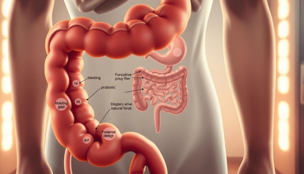 Potential side effects of probiotics: a detailed medical illustration depicting the gastrointestinal tract, showcasing common issues like bloating, gas, and digestive discomfort. The foreground features a close-up view of the small intestine, with visual representations of potential probiotic-related complications. The middle ground presents a cross-section of the gut, highlighting the interaction between probiotics and the body's natural flora. The background setting is a clean, clinical environment, emphasizing the scientific nature of the subject matter. Warm lighting and a muted color palette create a thoughtful, informative atmosphere. Rendered with a high level of realism and anatomical accuracy to effectively communicate the nuances of probiotic side effects. Potential side effects of probiotics: a detailed medical illustration depicting the gastrointestinal tract, showcasing common issues like bloating, gas, and digestive discomfort. The foreground features a close-up view of the small intestine, with visual representations of potential probiotic-related complications. The middle ground presents a cross-section of the gut, highlighting the interaction between probiotics and the body's natural flora. The background setting is a clean, clinical environment, emphasizing the scientific nature of the subject matter. Warm lighting and a muted color palette create a thoughtful, informative atmosphere. Rendered with a high level of realism and anatomical accuracy to effectively communicate the nuances of probiotic side effects.