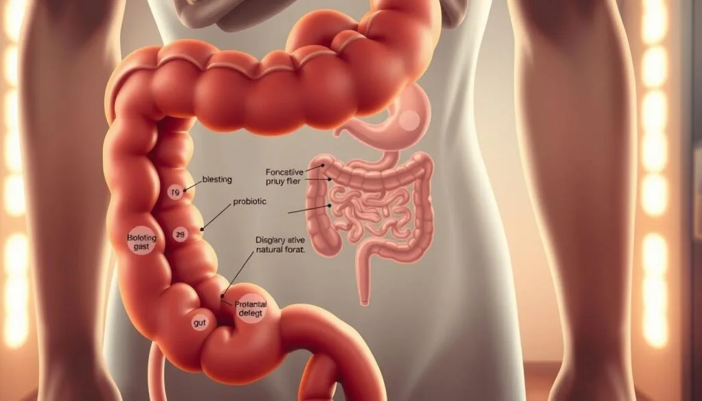 Potential side effects of probiotics: a detailed medical illustration depicting the gastrointestinal tract, showcasing common issues like bloating, gas, and digestive discomfort. The foreground features a close-up view of the small intestine, with visual representations of potential probiotic-related complications. The middle ground presents a cross-section of the gut, highlighting the interaction between probiotics and the body's natural flora. The background setting is a clean, clinical environment, emphasizing the scientific nature of the subject matter. Warm lighting and a muted color palette create a thoughtful, informative atmosphere. Rendered with a high level of realism and anatomical accuracy to effectively communicate the nuances of probiotic side effects. Potential side effects of probiotics: a detailed medical illustration depicting the gastrointestinal tract, showcasing common issues like bloating, gas, and digestive discomfort. The foreground features a close-up view of the small intestine, with visual representations of potential probiotic-related complications. The middle ground presents a cross-section of the gut, highlighting the interaction between probiotics and the body's natural flora. The background setting is a clean, clinical environment, emphasizing the scientific nature of the subject matter. Warm lighting and a muted color palette create a thoughtful, informative atmosphere. Rendered with a high level of realism and anatomical accuracy to effectively communicate the nuances of probiotic side effects.