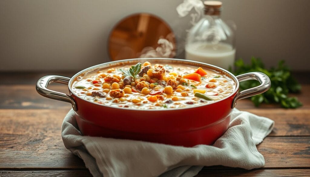 A bountiful pot of nourishing vegan soup, steaming and fragrant, takes center stage on a rustic wooden table. Hearty ingredients like lentils, chickpeas, and vibrant vegetables tumble together in a rich, creamy broth, illuminated by warm, natural lighting. The aromatic scene evokes a cozy, comforting atmosphere, perfect for a protein-packed, plant-based meal. In the background, a simple, uncluttered space allows the soup to shine, its vibrant colors and textures beckoning the viewer to dive in. Captured with a wide-angle lens, the image showcases the soup's abundance and inviting presentation, a tempting representation of a satisfying, high-protein vegan dish. A bountiful pot of nourishing vegan soup, steaming and fragrant, takes center stage on a rustic wooden table. Hearty ingredients like lentils, chickpeas, and vibrant vegetables tumble together in a rich, creamy broth, illuminated by warm, natural lighting. The aromatic scene evokes a cozy, comforting atmosphere, perfect for a protein-packed, plant-based meal. In the background, a simple, uncluttered space allows the soup to shine, its vibrant colors and textures beckoning the viewer to dive in. Captured with a wide-angle lens, the image showcases the soup's abundance and inviting presentation, a tempting representation of a satisfying, high-protein vegan dish.