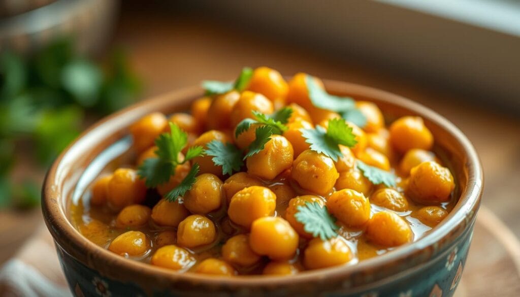A close-up of a ceramic bowl filled with a fragrant, creamy Indian butter chickpea curry. The chickpeas are cooked to tender perfection, coated in a rich, velvety sauce infused with aromatic spices like cumin, coriander, and turmeric. Garnished with a sprinkle of fresh cilantro leaves, the scene is illuminated by warm, natural lighting that casts a soft, inviting glow. The background is blurred, allowing the vibrant colors and textures of the dish to take center stage, showcasing the global flavors and high-protein content that make this an ideal meal prep option. A close-up of a ceramic bowl filled with a fragrant, creamy Indian butter chickpea curry. The chickpeas are cooked to tender perfection, coated in a rich, velvety sauce infused with aromatic spices like cumin, coriander, and turmeric. Garnished with a sprinkle of fresh cilantro leaves, the scene is illuminated by warm, natural lighting that casts a soft, inviting glow. The background is blurred, allowing the vibrant colors and textures of the dish to take center stage, showcasing the global flavors and high-protein content that make this an ideal meal prep option.