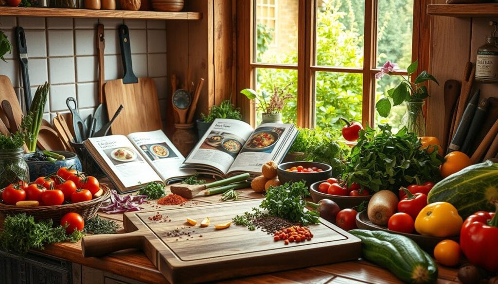 A cozy, rustic kitchen counter filled with an assortment of fresh ingredients, cooking utensils, and recipe books. A wooden cutting board sits in the foreground, surrounded by various herbs, spices, and vegetables in vibrant colors. In the middle ground, a few recipe cards or open cookbooks showcase tempting dishes, while the background features a window overlooking a lush, verdant garden, bathed in warm, natural lighting. The overall mood is one of culinary inspiration and a sense of nourishing, wholesome possibilities. A cozy, rustic kitchen counter filled with an assortment of fresh ingredients, cooking utensils, and recipe books. A wooden cutting board sits in the foreground, surrounded by various herbs, spices, and vegetables in vibrant colors. In the middle ground, a few recipe cards or open cookbooks showcase tempting dishes, while the background features a window overlooking a lush, verdant garden, bathed in warm, natural lighting. The overall mood is one of culinary inspiration and a sense of nourishing, wholesome possibilities.