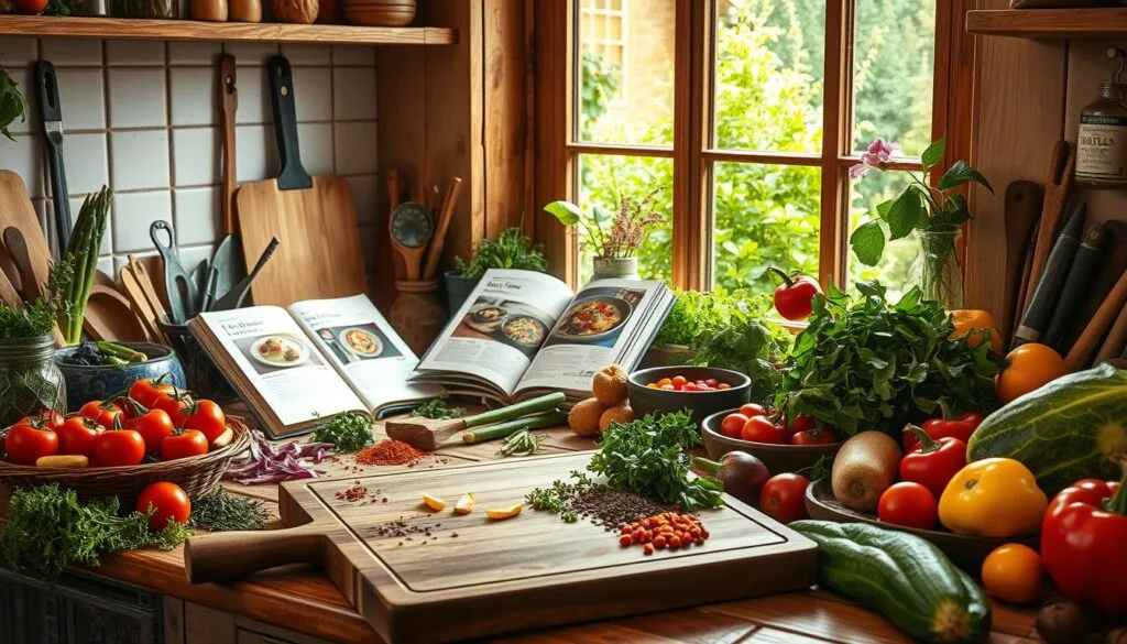 A cozy, rustic kitchen counter filled with an assortment of fresh ingredients, cooking utensils, and recipe books. A wooden cutting board sits in the foreground, surrounded by various herbs, spices, and vegetables in vibrant colors. In the middle ground, a few recipe cards or open cookbooks showcase tempting dishes, while the background features a window overlooking a lush, verdant garden, bathed in warm, natural lighting. The overall mood is one of culinary inspiration and a sense of nourishing, wholesome possibilities.