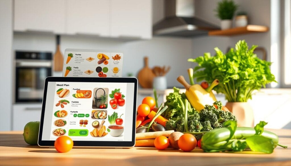 A highly detailed, photorealistic illustration of a personalized nutrition plan. The foreground features a digital tablet displaying a customized meal plan, with individual food items and macronutrient breakdowns. The middle ground showcases a variety of fresh, vibrant produce arranged in an appealing manner. The background is a clean, minimalist kitchen setting with modern appliances and cookware. Soft, natural lighting bathes the entire scene, creating a warm, inviting atmosphere. The composition emphasizes the personalized, tailored nature of the nutrition plan, accentuating how it is designed to meet individual dietary needs and preferences. A highly detailed, photorealistic illustration of a personalized nutrition plan. The foreground features a digital tablet displaying a customized meal plan, with individual food items and macronutrient breakdowns. The middle ground showcases a variety of fresh, vibrant produce arranged in an appealing manner. The background is a clean, minimalist kitchen setting with modern appliances and cookware. Soft, natural lighting bathes the entire scene, creating a warm, inviting atmosphere. The composition emphasizes the personalized, tailored nature of the nutrition plan, accentuating how it is designed to meet individual dietary needs and preferences.