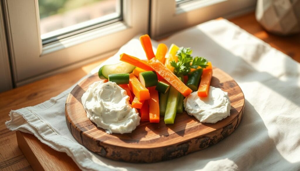 A neatly arranged cottage cheese snack with freshly cut vegetable sticks, such as cucumber, carrot, and bell pepper, resting on a rustic wooden board. The board is positioned on a light-colored linen cloth, adding a soft, natural touch. Warm, diffused lighting from a nearby window casts gentle shadows, highlighting the vibrant colors and textures of the ingredients. The overall scene exudes a sense of simplicity, health, and effortless elegance, perfectly complementing the "Snack and Side Ideas to Complement Your Meal Prep" section of the article. A neatly arranged cottage cheese snack with freshly cut vegetable sticks, such as cucumber, carrot, and bell pepper, resting on a rustic wooden board. The board is positioned on a light-colored linen cloth, adding a soft, natural touch. Warm, diffused lighting from a nearby window casts gentle shadows, highlighting the vibrant colors and textures of the ingredients. The overall scene exudes a sense of simplicity, health, and effortless elegance, perfectly complementing the "Snack and Side Ideas to Complement Your Meal Prep" section of the article.