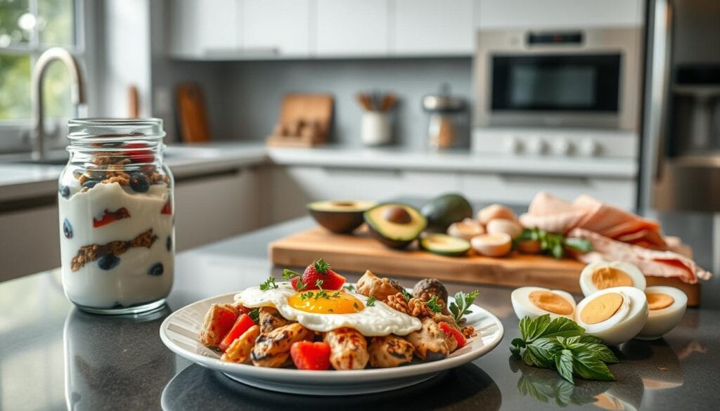 A sleek, modern kitchen counter showcases a variety of high-protein meal prep items. In the foreground, a plate displays a hearty breakfast of scrambled eggs, grilled chicken, and roasted vegetables, garnished with fresh herbs. Beside it, a glass jar filled with protein-rich Greek yogurt, berries, and granola invites a healthy snack. In the middle ground, a cutting board holds sliced avocado, hard-boiled eggs, and lean turkey slices, ready for quick, nutritious bites. The background features stainless steel appliances, a minimalist backsplash, and abundant natural light, creating a clean, streamlined atmosphere conducive to weight loss meal planning. The overall scene exudes a sense of wellness, efficiency, and dedication to a high-protein diet for weight management. A sleek, modern kitchen counter showcases a variety of high-protein meal prep items. In the foreground, a plate displays a hearty breakfast of scrambled eggs, grilled chicken, and roasted vegetables, garnished with fresh herbs. Beside it, a glass jar filled with protein-rich Greek yogurt, berries, and granola invites a healthy snack. In the middle ground, a cutting board holds sliced avocado, hard-boiled eggs, and lean turkey slices, ready for quick, nutritious bites. The background features stainless steel appliances, a minimalist backsplash, and abundant natural light, creating a clean, streamlined atmosphere conducive to weight loss meal planning. The overall scene exudes a sense of wellness, efficiency, and dedication to a high-protein diet for weight management.