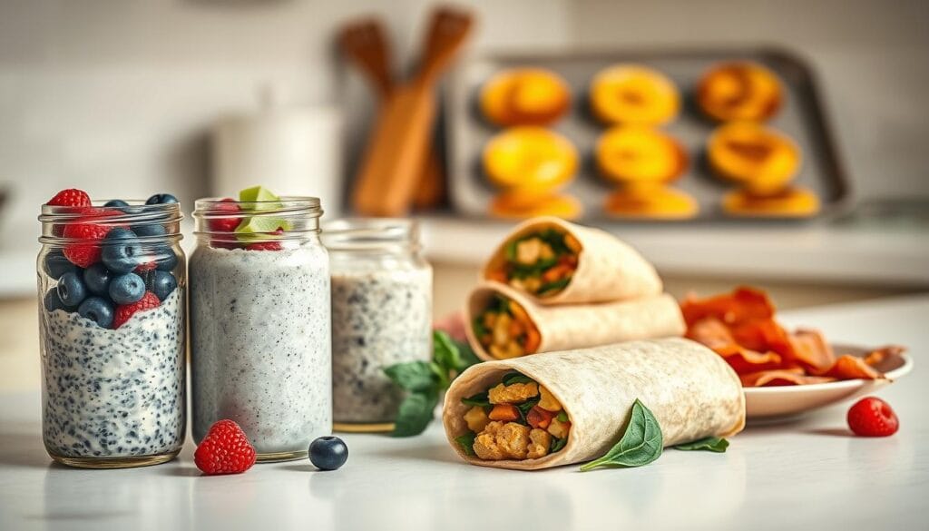 A spread of various healthy, protein-rich breakfast meal prep items on a clean, minimalist kitchen counter. In the foreground, a glass container filled with overnight oats, topped with fresh berries. Next to it, a jar of chia pudding with sliced kiwi. In the middle, a plate showcasing a breakfast burrito wrapped in whole-wheat tortilla, accompanied by a serving of scrambled tofu and sautéed spinach. In the background, a tray of baked egg muffins with diced bell peppers and turkey bacon. Warm, natural lighting casts a soft glow, highlighting the vibrant colors and textures of the easy, nourishing breakfast options. A spread of various healthy, protein-rich breakfast meal prep items on a clean, minimalist kitchen counter. In the foreground, a glass container filled with overnight oats, topped with fresh berries. Next to it, a jar of chia pudding with sliced kiwi. In the middle, a plate showcasing a breakfast burrito wrapped in whole-wheat tortilla, accompanied by a serving of scrambled tofu and sautéed spinach. In the background, a tray of baked egg muffins with diced bell peppers and turkey bacon. Warm, natural lighting casts a soft glow, highlighting the vibrant colors and textures of the easy, nourishing breakfast options.