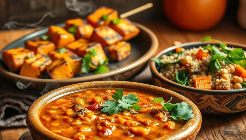 A vibrant still life scene of a variety of vegan high protein meals. In the foreground, a hearty lentil and vegetable stew served in a rustic earthenware bowl, its rich colors and steam creating an inviting, homemade atmosphere. In the middle ground, a platter of grilled tofu skewers with a tangy peanut sauce, garnished with fresh cilantro. In the background, a colorful quinoa salad with roasted sweet potatoes, chickpeas, and leafy greens, dressed in a zesty citrus vinaigrette. Warm, natural lighting casts a soft glow, highlighting the textures and flavors of these satisfying, plant-based dishes that would fuel any active lifestyle. A vibrant still life scene of a variety of vegan high protein meals. In the foreground, a hearty lentil and vegetable stew served in a rustic earthenware bowl, its rich colors and steam creating an inviting, homemade atmosphere. In the middle ground, a platter of grilled tofu skewers with a tangy peanut sauce, garnished with fresh cilantro. In the background, a colorful quinoa salad with roasted sweet potatoes, chickpeas, and leafy greens, dressed in a zesty citrus vinaigrette. Warm, natural lighting casts a soft glow, highlighting the textures and flavors of these satisfying, plant-based dishes that would fuel any active lifestyle.