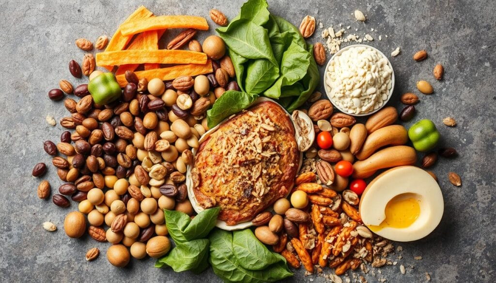 Image of a variety of vegan protein sources Image of a variety of vegan protein sources